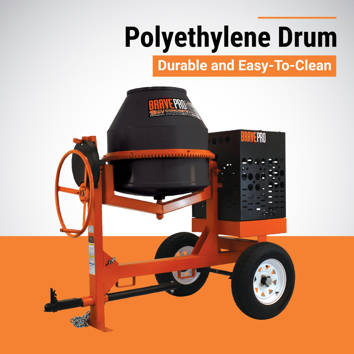 BravePro Concrete Mixer, 9 Cu. Ft. Poly Drum, Honda GX270, Model BRPCM209H