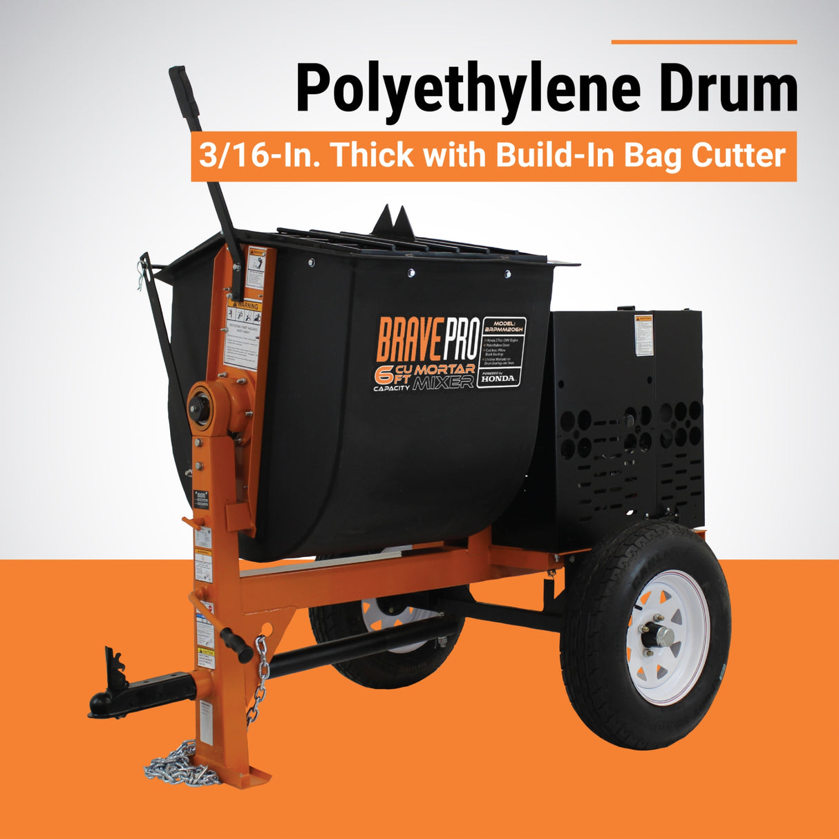 BravePro Mortar Mixer, 8 Cu. Ft. Poly Drum, Honda GX240, Model BRPMM208H