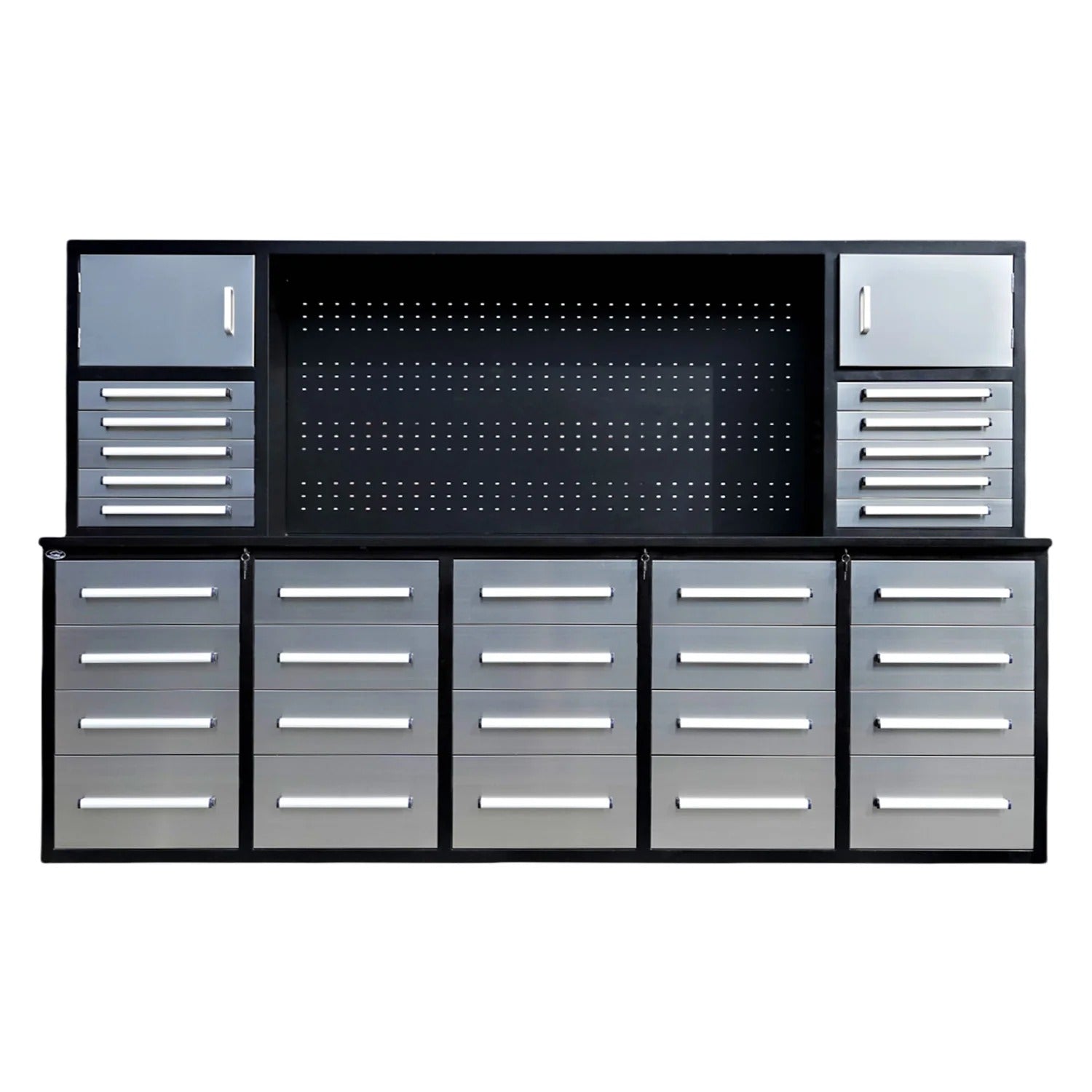 Chery Industrial Workbench Cabinet with 30 Drawers, 2 Cabinets, and Pegboard 10ft - WW000220