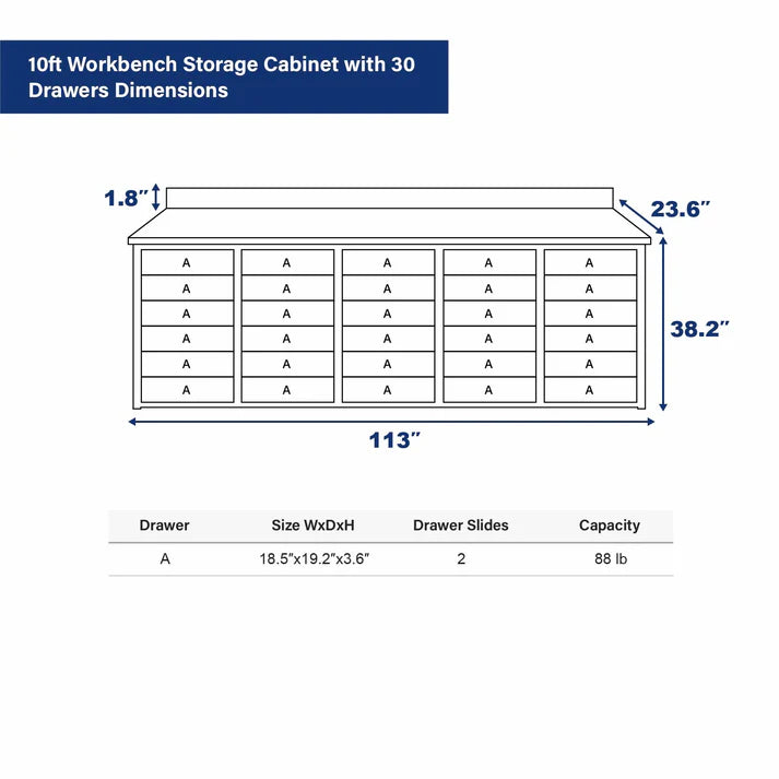 Chery Industrial 10ft Workbench Storage Cabinet with 30 Drawers - WW000188