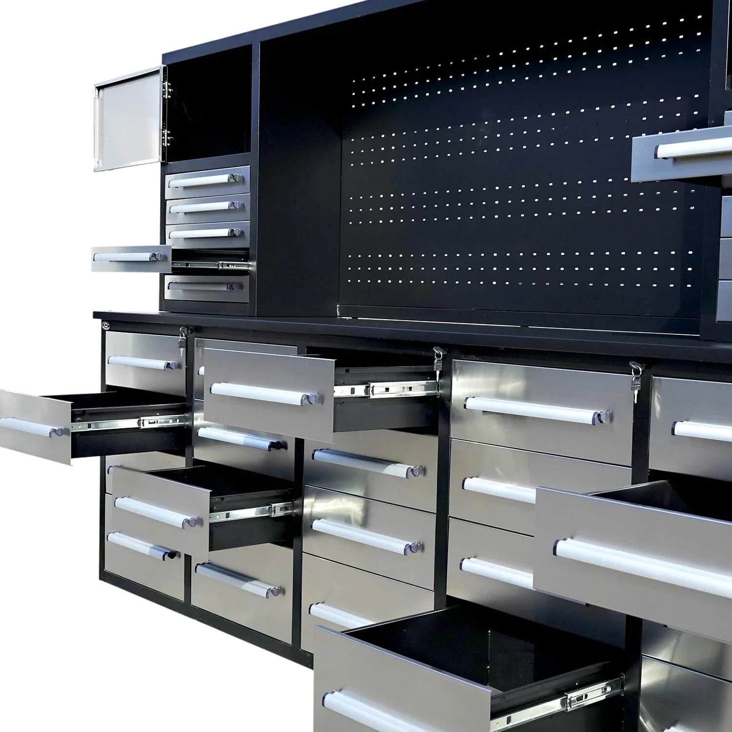 Chery Industrial Workbench Cabinet with 30 Drawers, 2 Cabinets, and Pegboard 10ft - WW000220