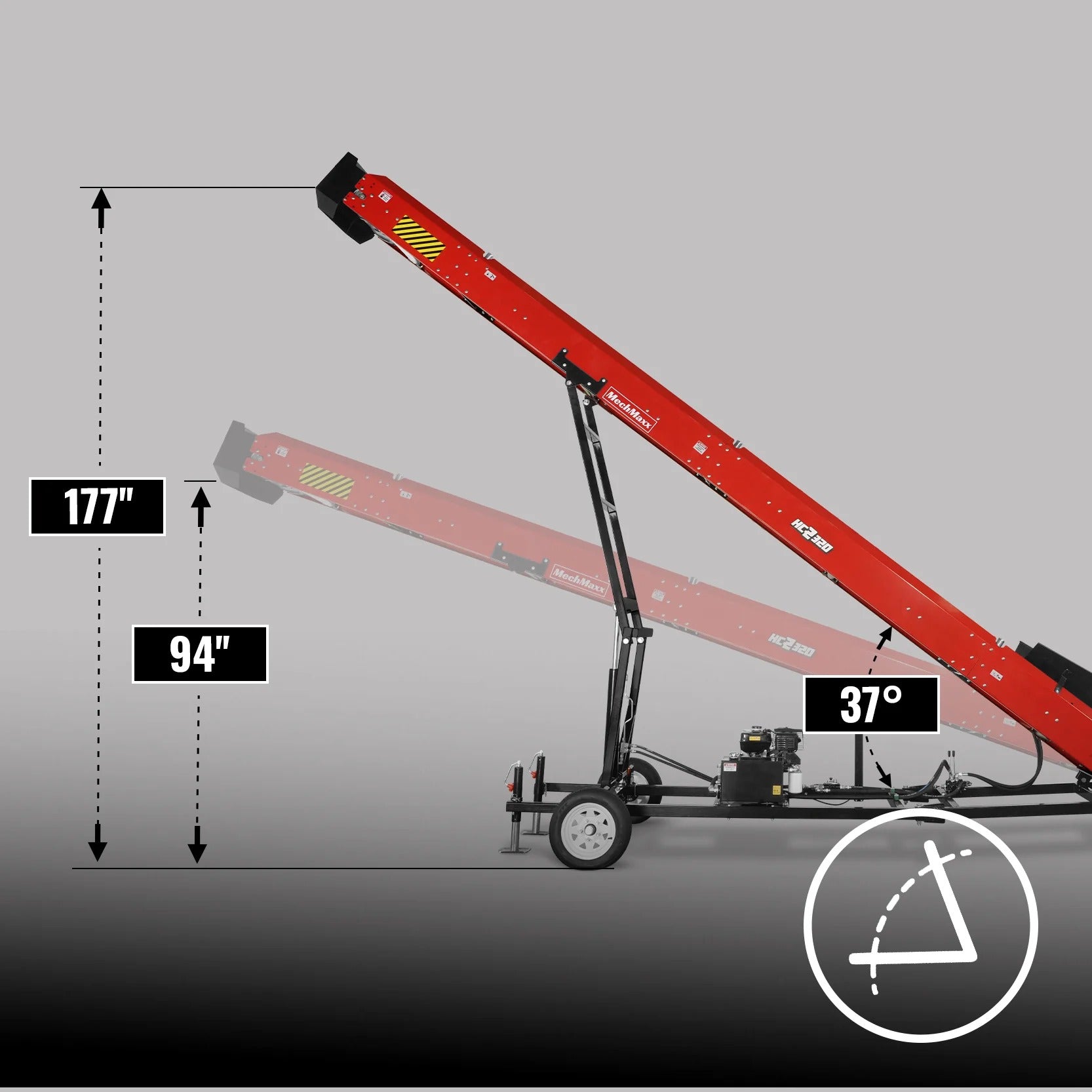 MechMaxx Heavy Duty Conveyor with 9HP 270cc Engine, 180" Max Lift Height, 276" Length, Model HC2320