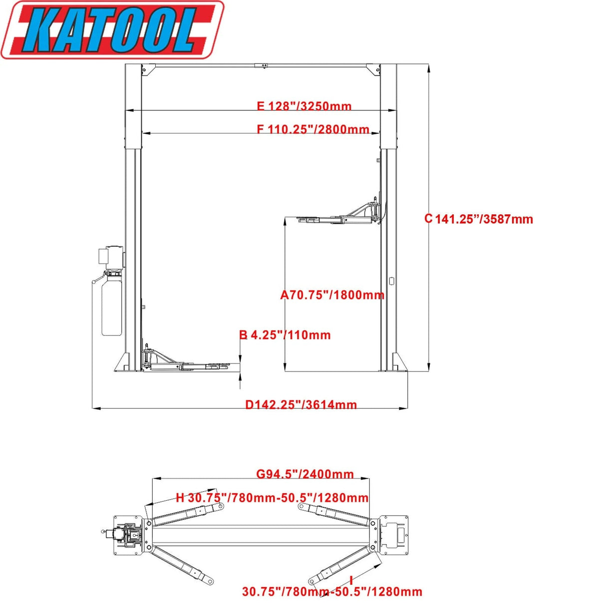 Katool KT-M110 11,000 lb Symmetric 2-Post Car Lift for Auto Shops