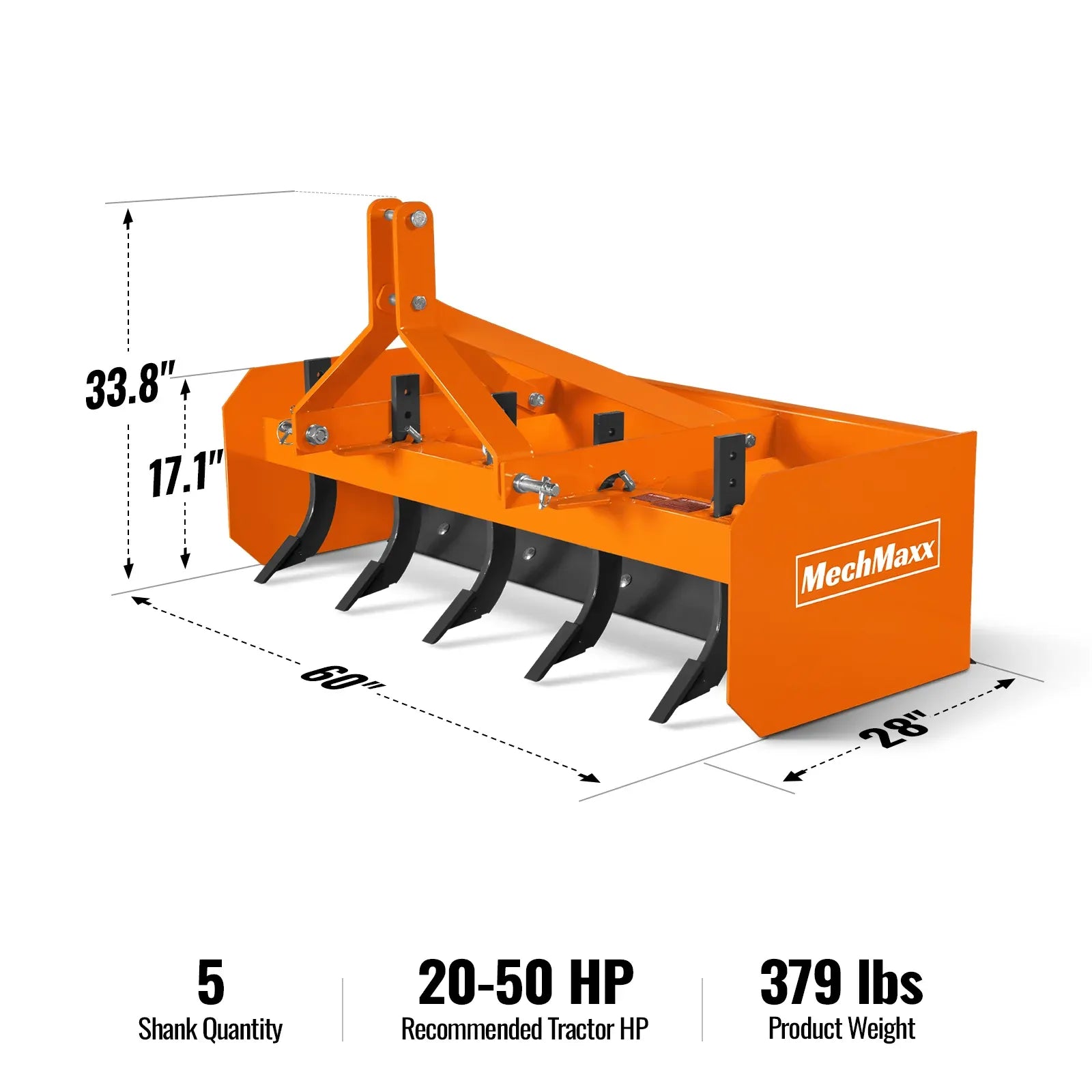 MechMaxx 60" Box Blade Scraper with 5 Shanks, 3-Point Hitch, Model BB60