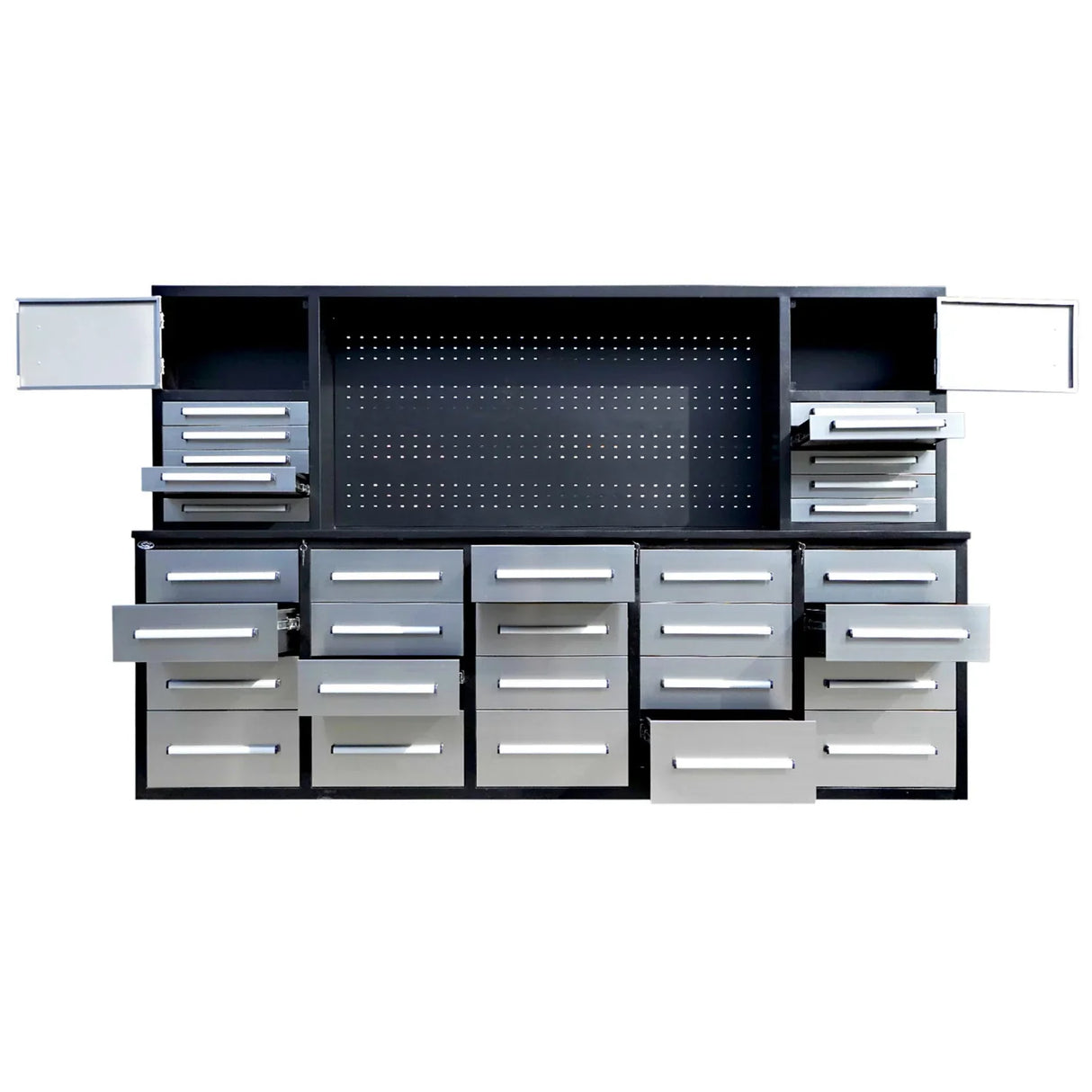Chery Industrial 9.5ft Storage Workbench with 30 Drawers & 2 Cabinets & 1 Pegboard - SUIWB9530SS01