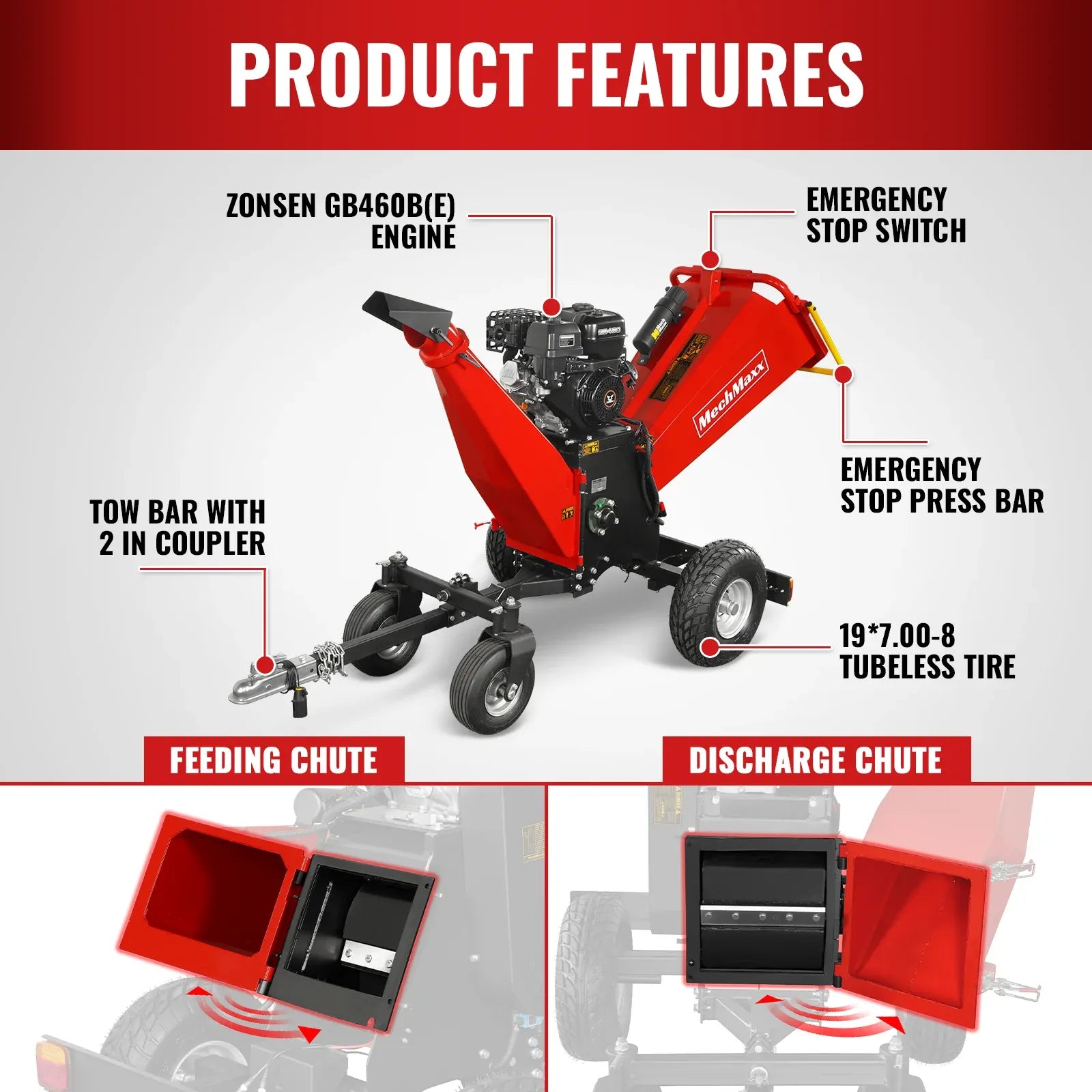 MechMaxx 6" 15HP 459cc ZONSEN 4-Wheel Drum Wood Chipper with Taillight, Model B150