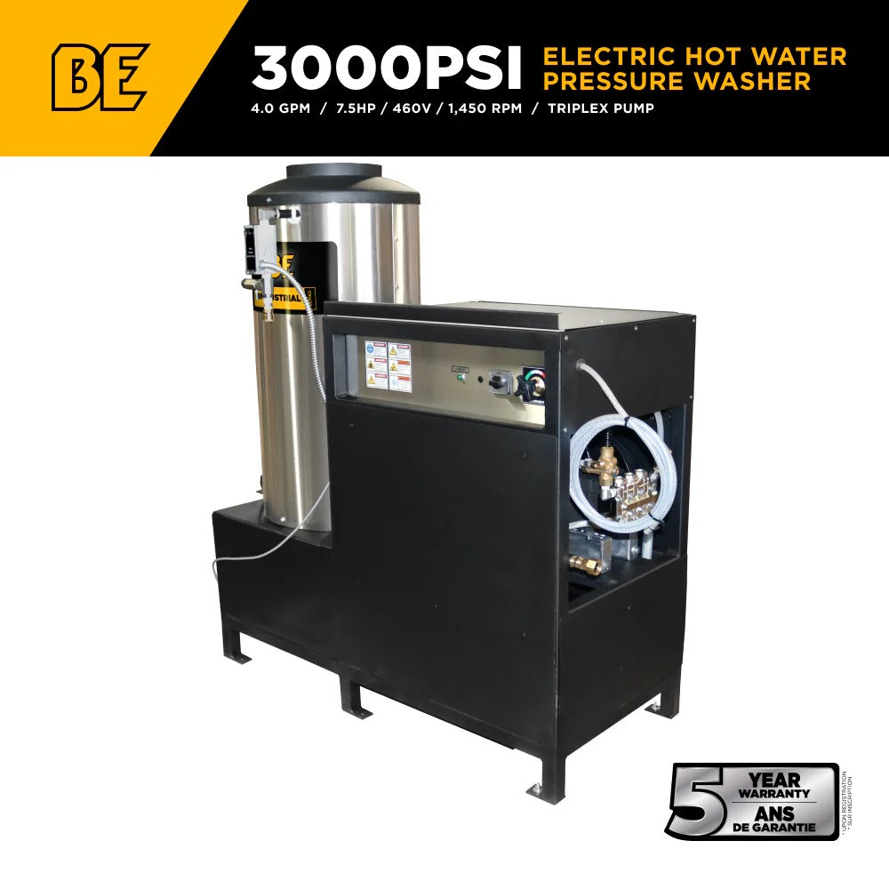 BE Power Equipment Hot Water Electric Pressure Washer 3000 PSI 4.0 GPM 7.5 HP 460V Baldor Motor General Triplex Pump - 643HD-3-460
