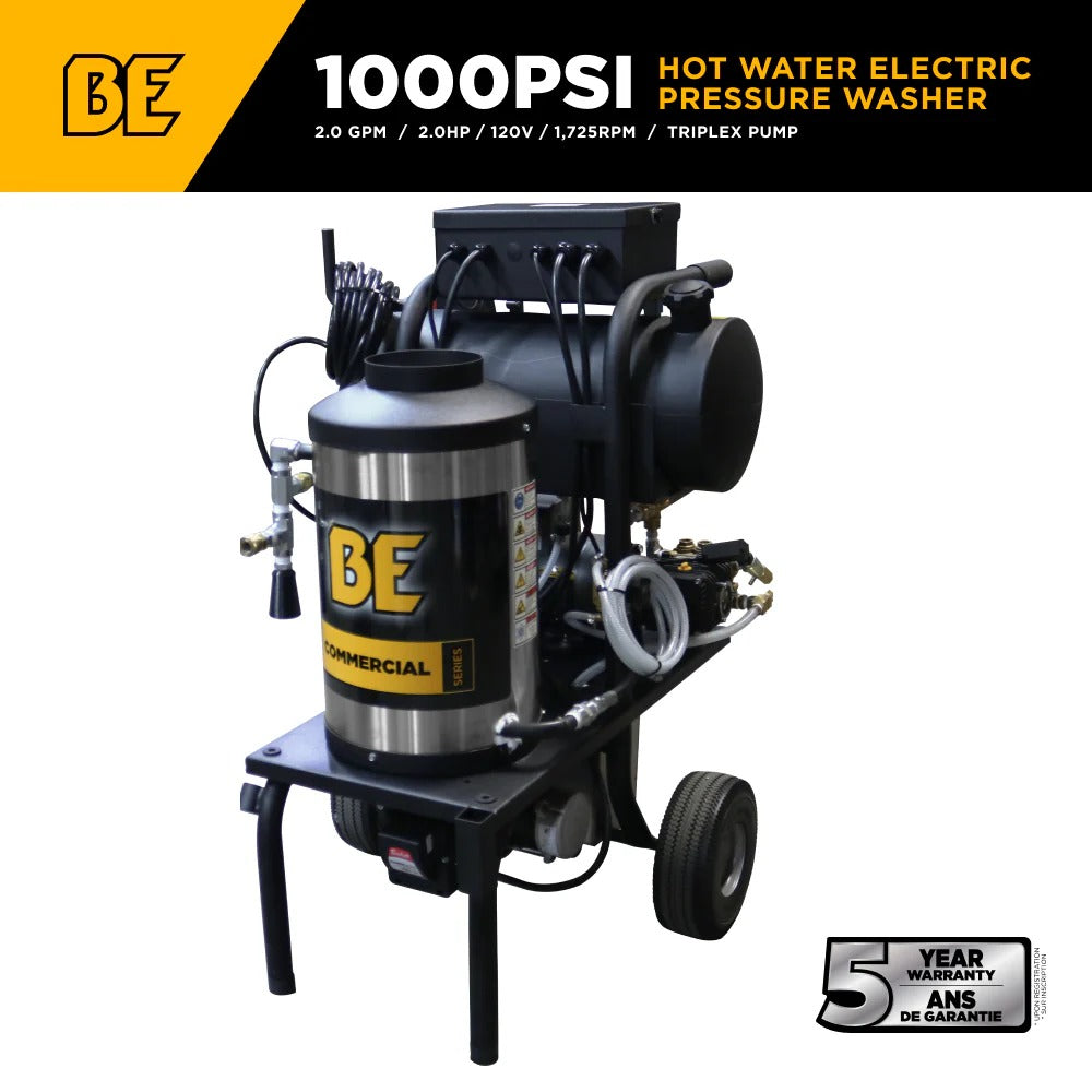 BE Power Equipment Hot Water Electric Pressure Washer 1000 PSI 2.0 GPM General T9051EBF Triplex Pump - 1250