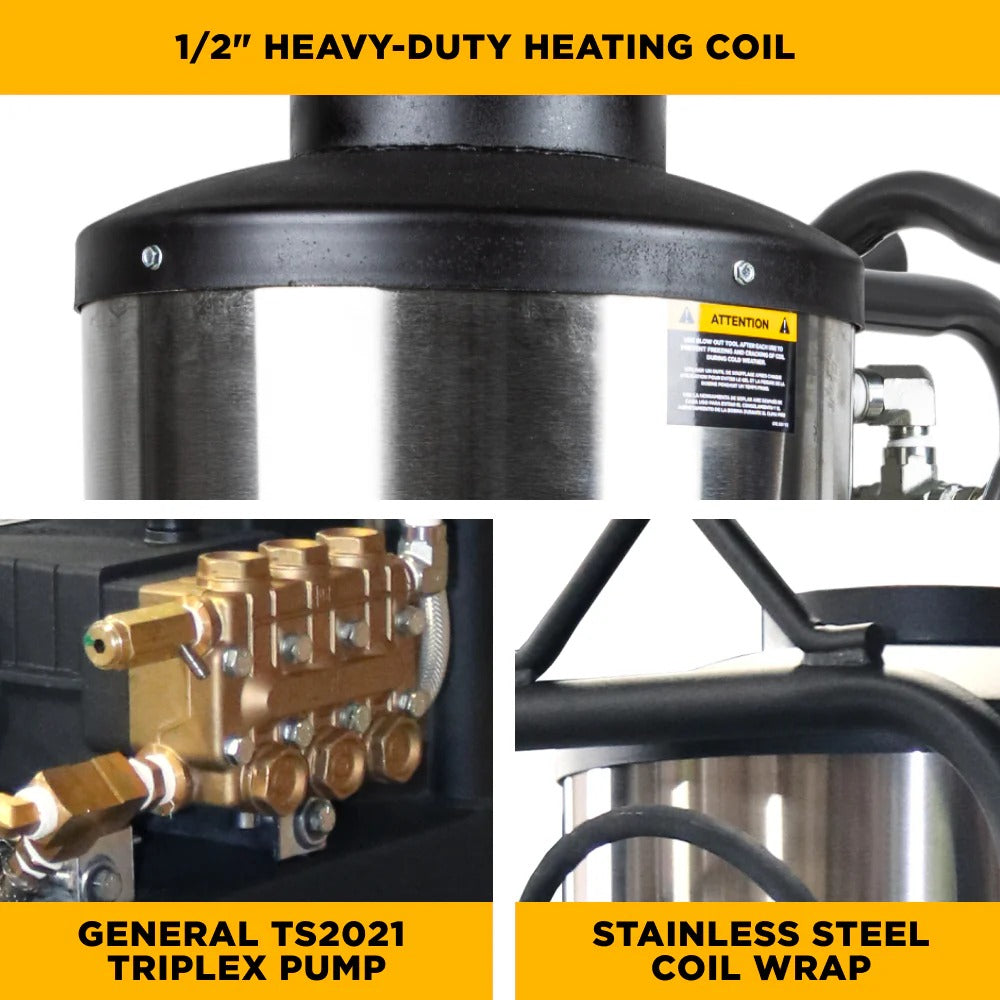 BE Power Equipment Hot Water Electric Pressure Washer 2000 PSI 5.0 GPM General Triplex Pump - 15-520