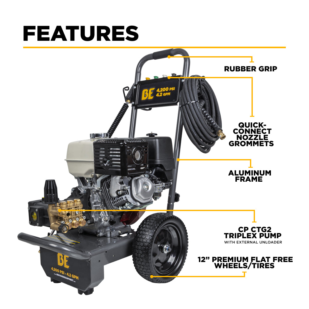 BE Power Equipment Gas Pressure Washer 4,200 PSI 4.2 GPM Cold Water with Honda GX390 Engine and CP Triplex Pump - B4213HA - view 3