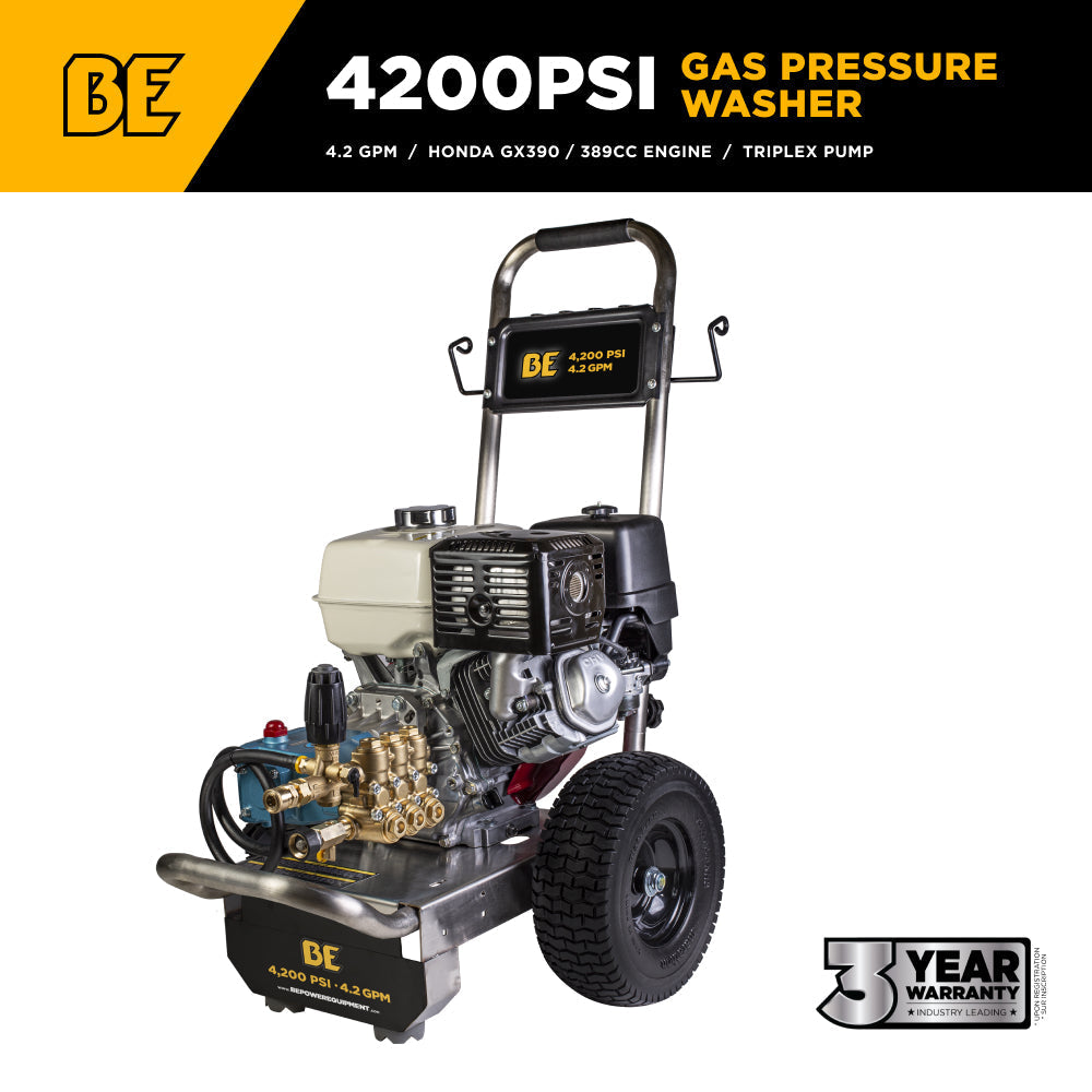BE Power Equipment Gas Pressure Washer 4,200 PSI 4.2 GPM Cold Water with Honda GX390 Engine and CAT Triplex Pump on Stainless Steel Frame - B4213HSJ - view 2