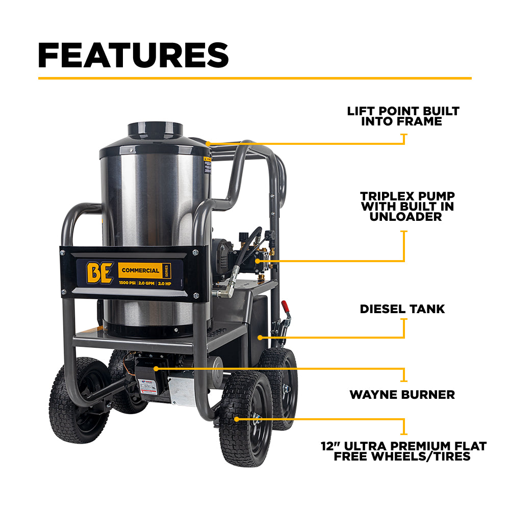 BE Power Equipment Hot Water Pressure Washer 1,500 PSI 2.0 GPM 120V with TechTop Motor and CP Triplex Pump - HW152EA - view 3