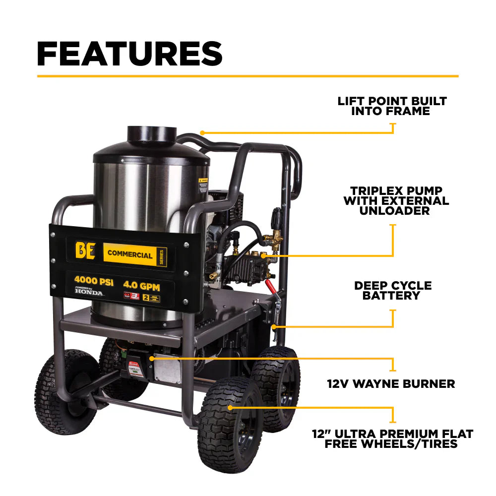 BE Power Equipment 4000 PSI Hot Water Pressure Washer 4.0 GPM Honda GX390 Engine Triplex Pump - HW4013HG