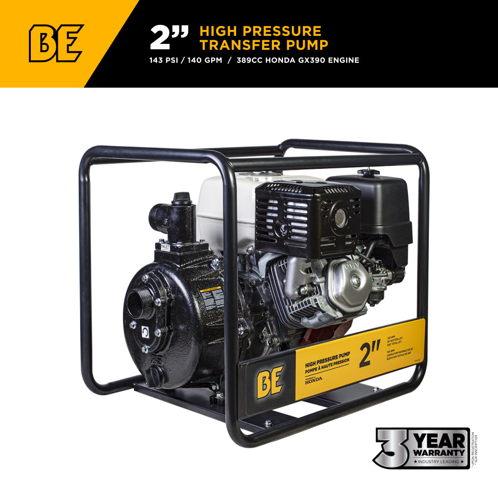 BE Power Equipment 2 Inch High-Pressure Water Pump with Honda GX390 Engine, 140 GPM and 143 PSI - HP-2013HR - view 2