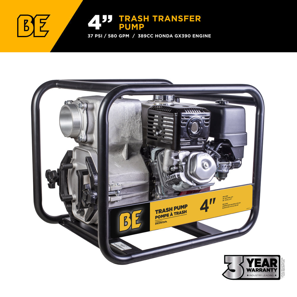 BE Power Equipment 4 Inch Trash Pump with Honda GX390 Engine, 580 GPM and 1 Inch Solids Handling - TP-4013HM - view 2