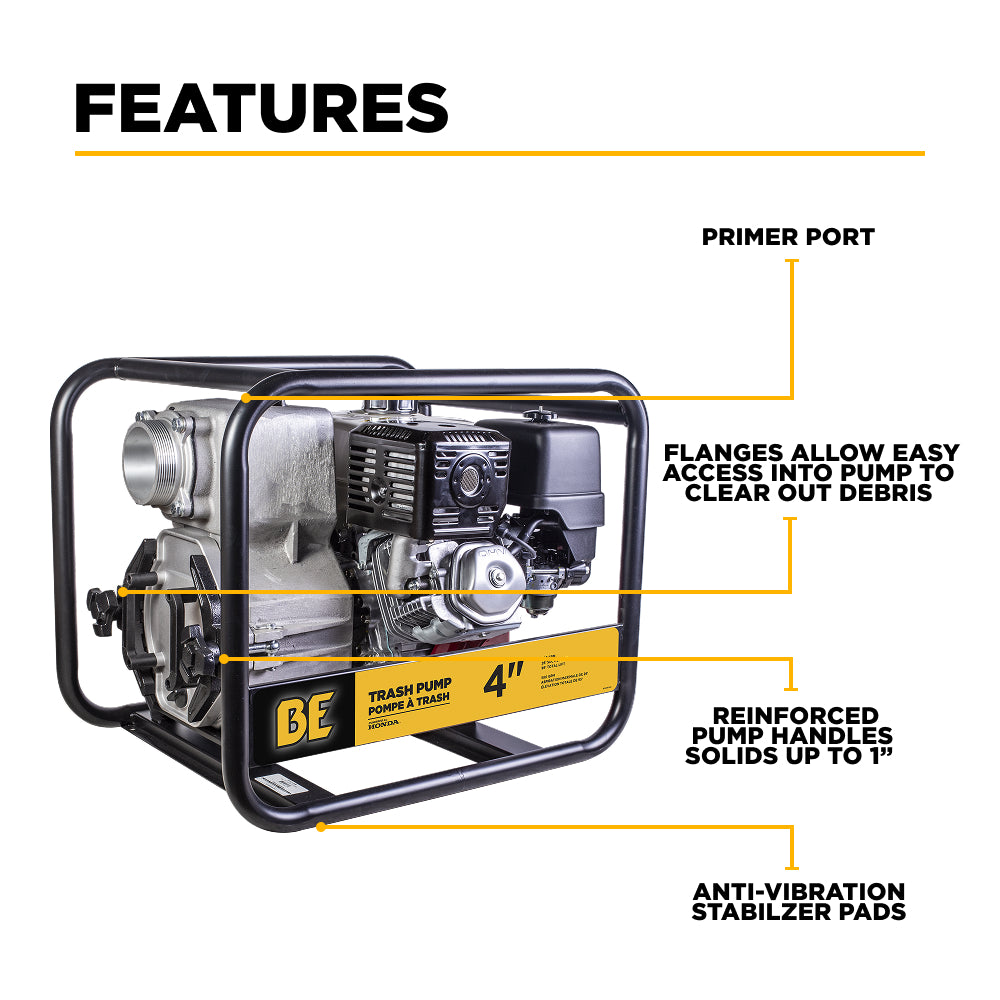 BE Power Equipment 4 Inch Trash Pump with Honda GX390 Engine, 580 GPM and 1 Inch Solids Handling - TP-4013HM - view 3
