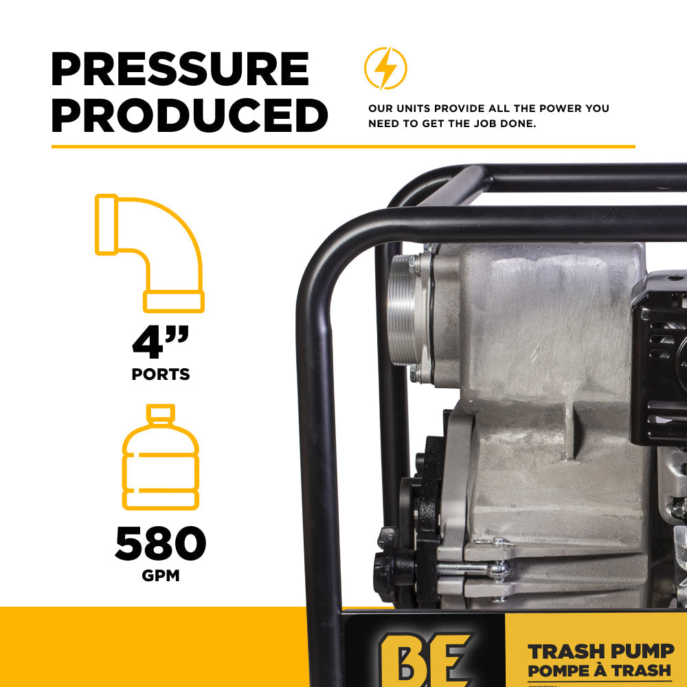 BE Power Equipment 4 Inch Trash Pump with Honda GX390 Engine, 580 GPM and 1 Inch Solids Handling - TP-4013HM - view 4