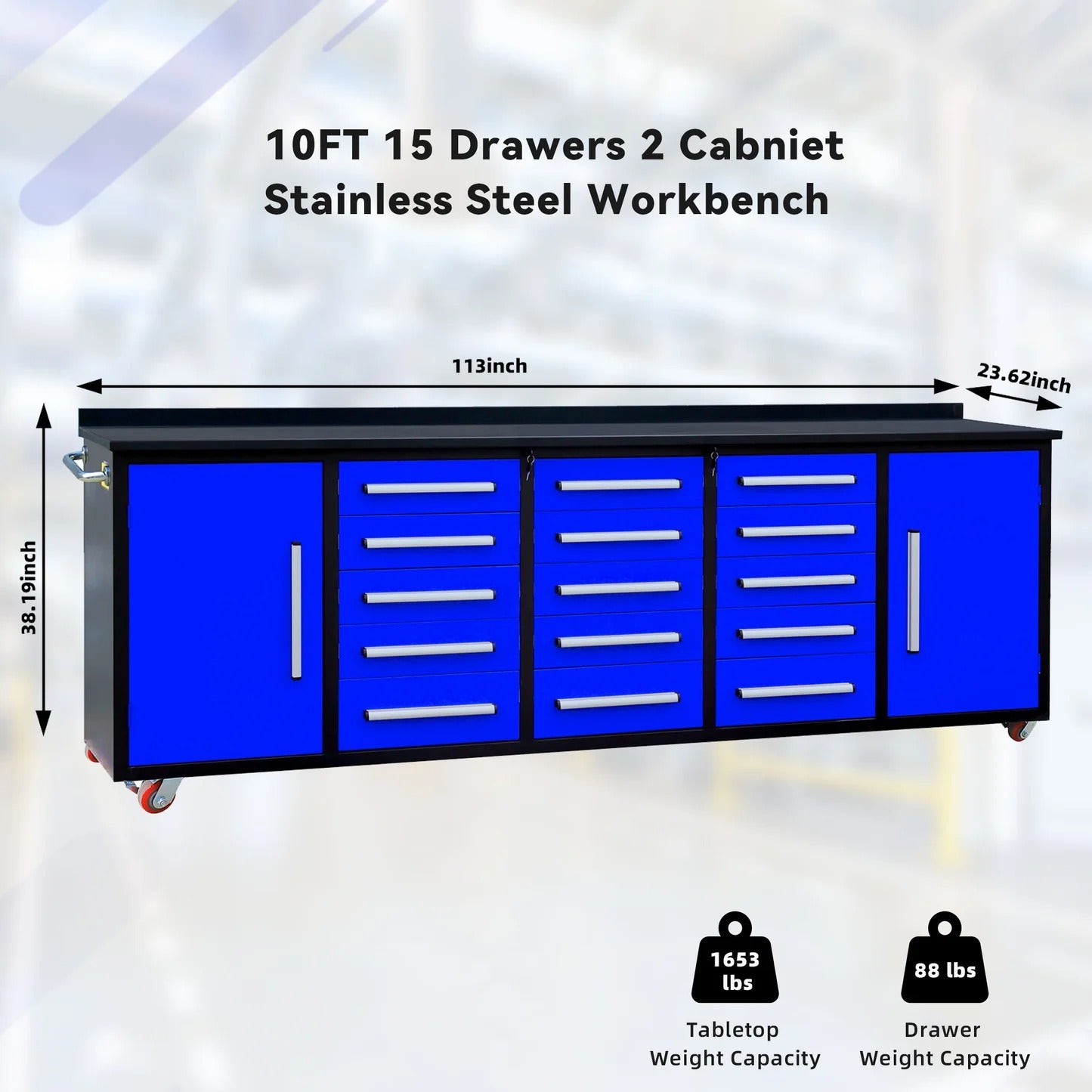 Chery Industrial 15-Drawer Storage Workbench with Wheels 10FT - SUIWB10152BLAC