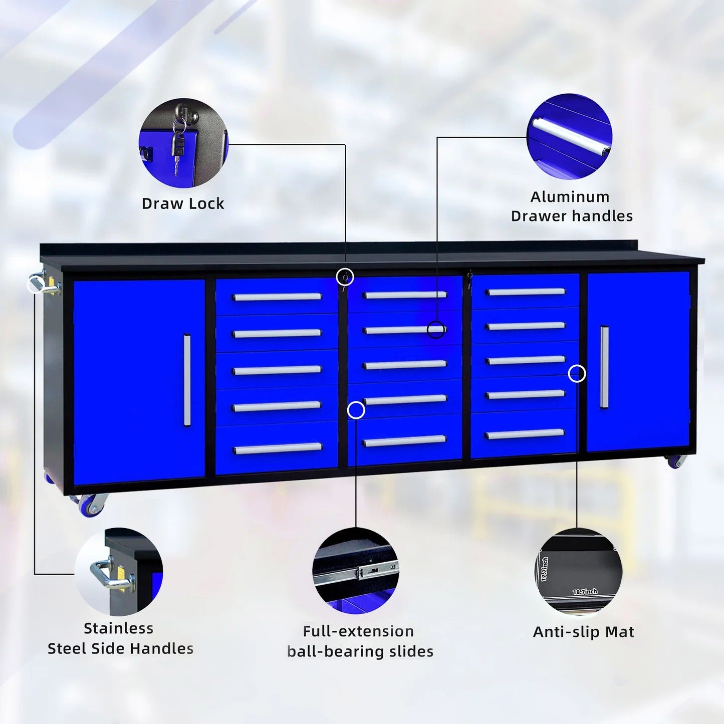 Chery Industrial 15-Drawer Storage Workbench with Wheels 10FT - SUIWB10152BLAC