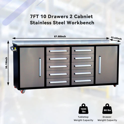 Chery Industrial 7ft 10-drawer Storage Workbench with Wheels - SUIWB07102RDAC