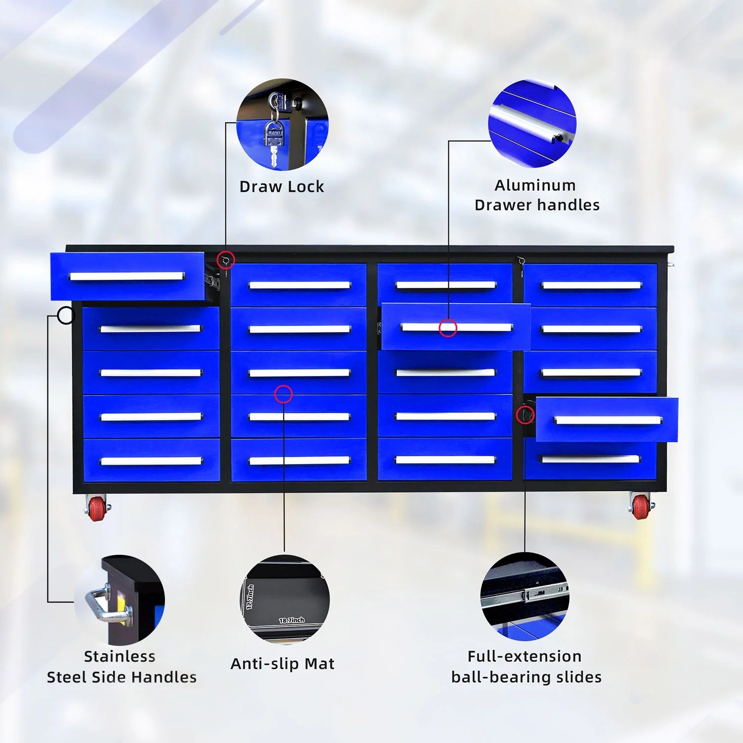 Chery Industrial 7ft 20-Drawer Storage Workbench with Wheels - SUIWB0720RDAC