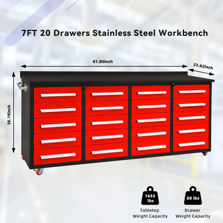 Chery Industrial 7ft 20-Drawer Storage Workbench with Wheels - SUIWB0720RDAC