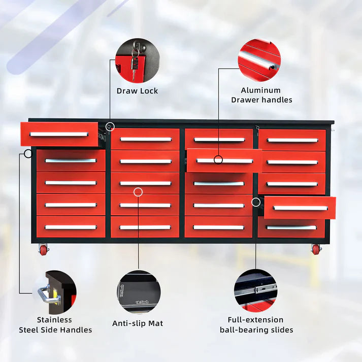 Chery Industrial 7ft 20-Drawer Storage Workbench with Wheels - SUIWB0720RDAC