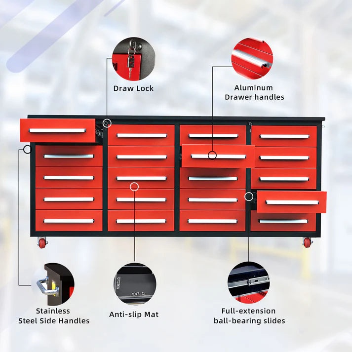 Chery Industrial 7ft 20-Drawer Storage Workbench with Wheels - SUIWB0720RDAC