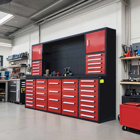 Chery Industrial 10ft Workbench Cabinet(40 Drawers, 2 Cabinets & 1 Pegboard) - WW000216