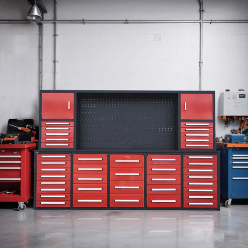 Chery Industrial 10ft Workbench Cabinet(40 Drawers, 2 Cabinets & 1 Pegboard) - WW000216
