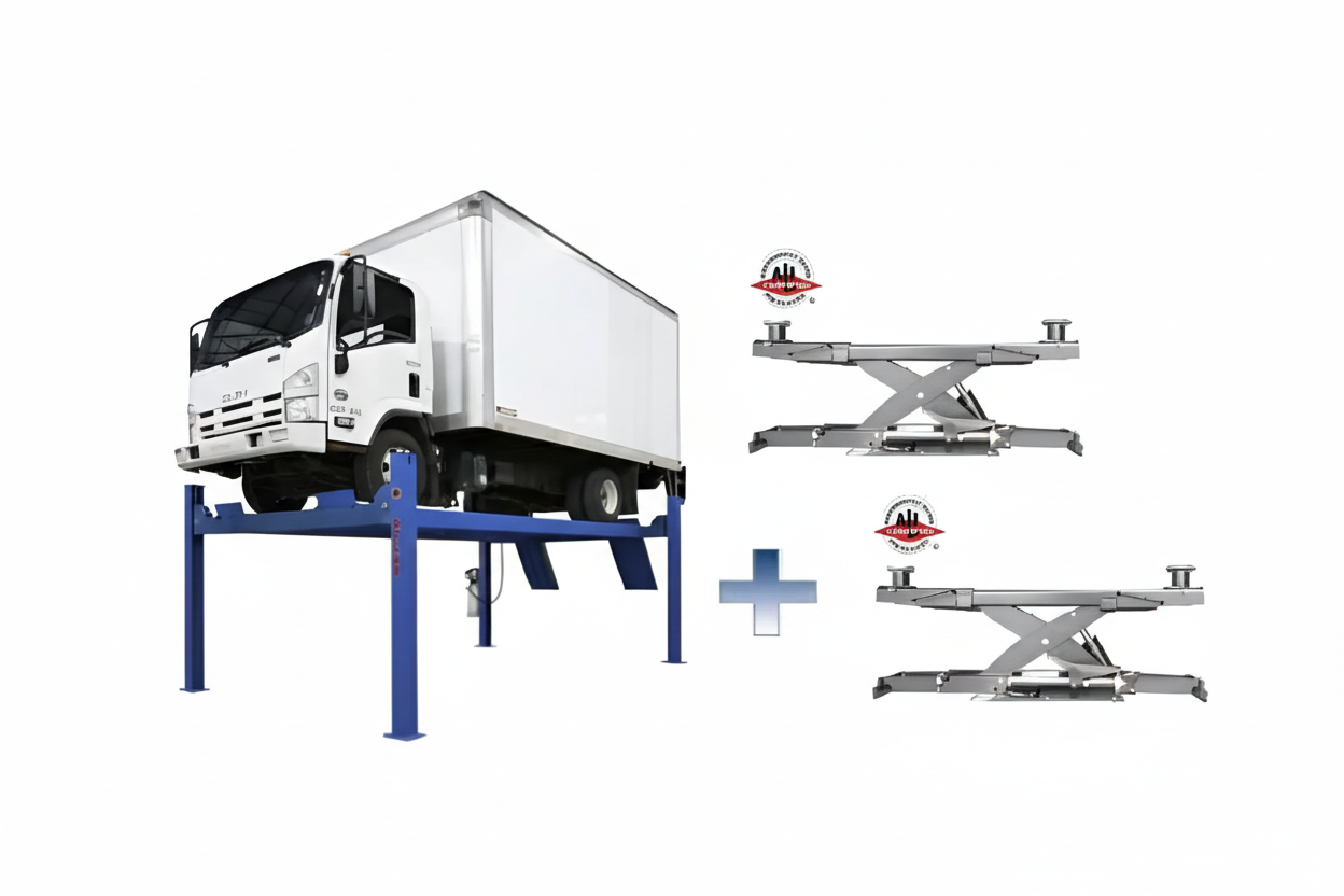 Atlas Platinum PVL14 ALI Certified 14000 lb 4-Post Lift Combo with RJ7000 Rolling Jacks