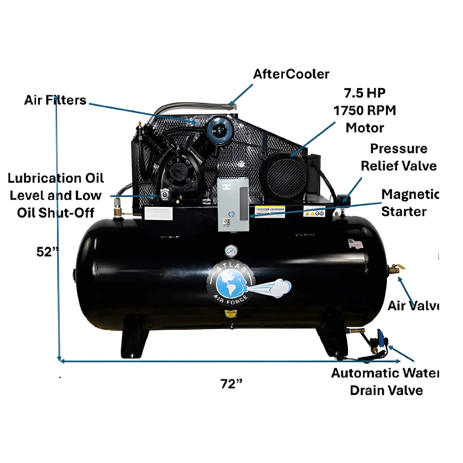 Atlas Air Force AF10 10HP 120 Gallon Horizontal Air Compressor, Single Phase