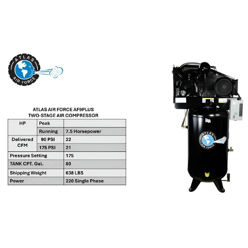 Atlas Air Force AF9P 7.5HP Air Compressor with 80-Gallon Tank and Plus Package