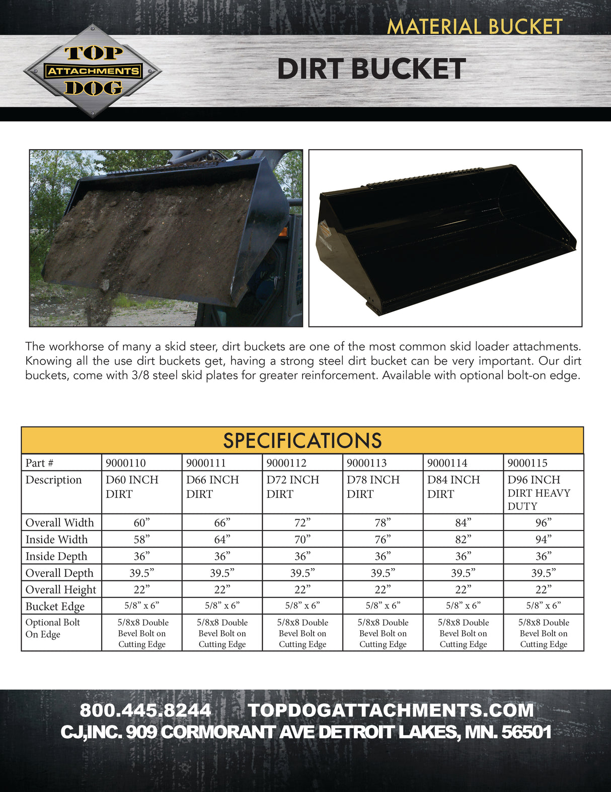 Top Dog Attachments 66" Dirt Bucket for Skid Steers, .554 cu yd Capacity