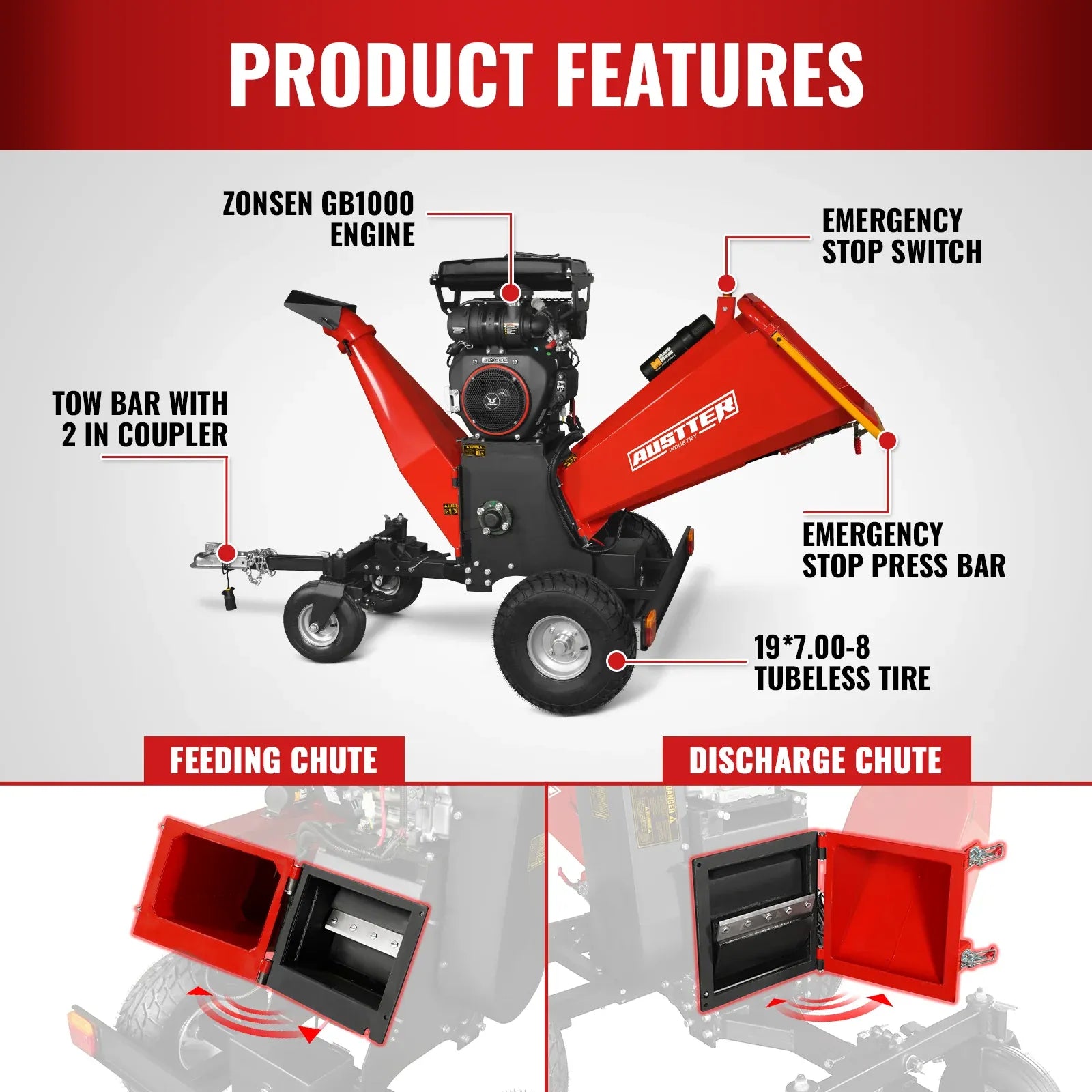 MechMaxx 8" 35HP 1000cc ZONSEN 4-Wheel Drum Wood Chipper with Taillight, Model B200