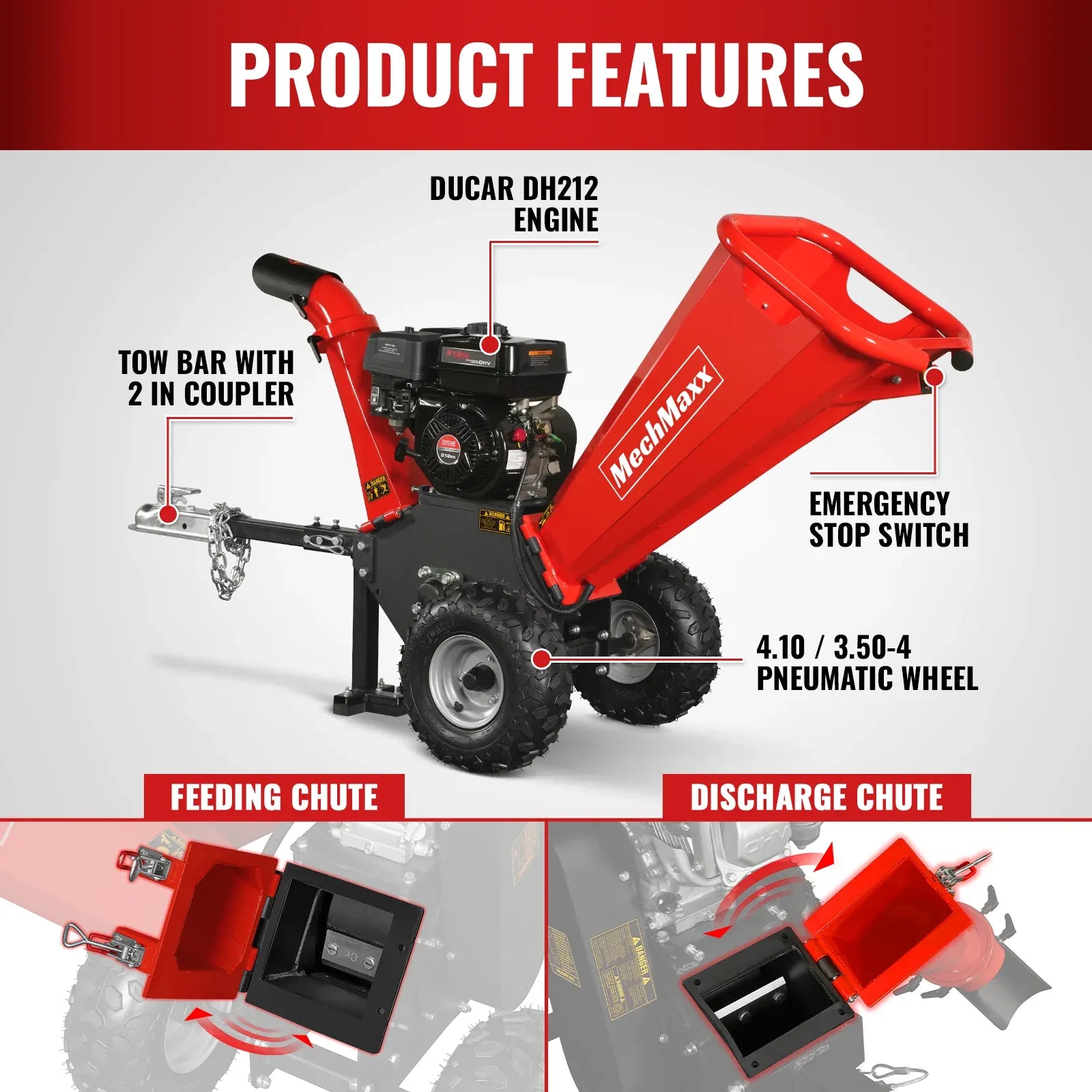 MechMaxx 4" 7HP 212cc DUCAR Gas Powered Wood Chipper with Tow Bar, Model GS650