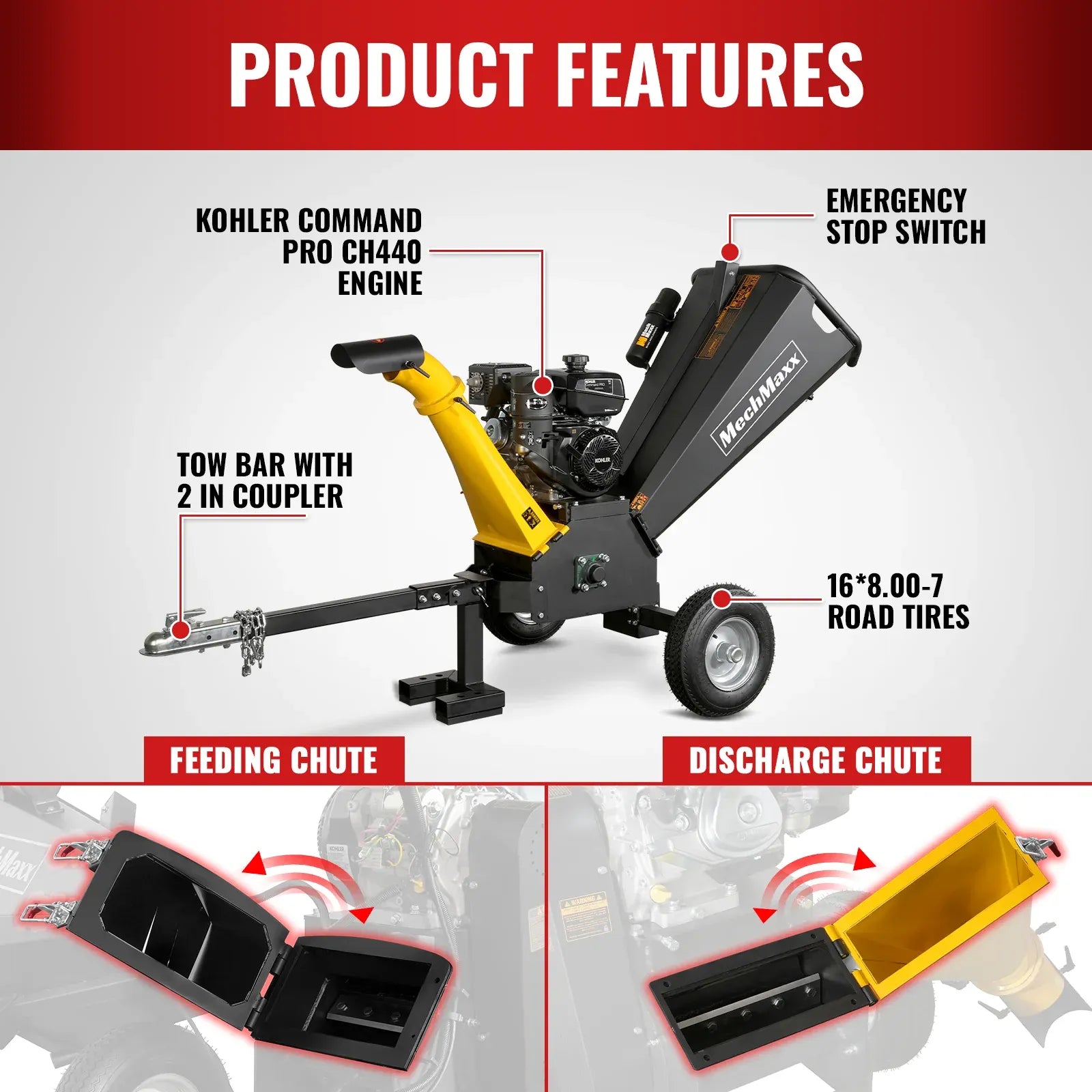 MechMaxx 5" 14HP 429cc KOHLER E-Start Gas Powered Wood Chipper, Model GS1500