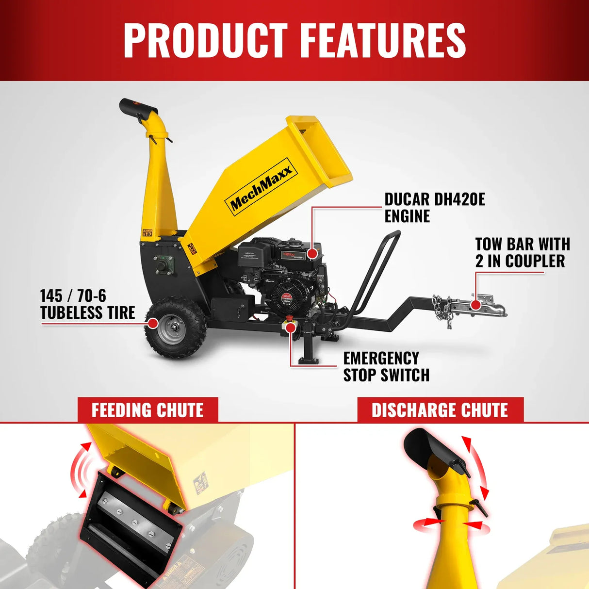 MechMaxx 5" 15HP 420cc DUCAR E-Start Drum Wood Chipper with Tow Bar, Model PGS1500
