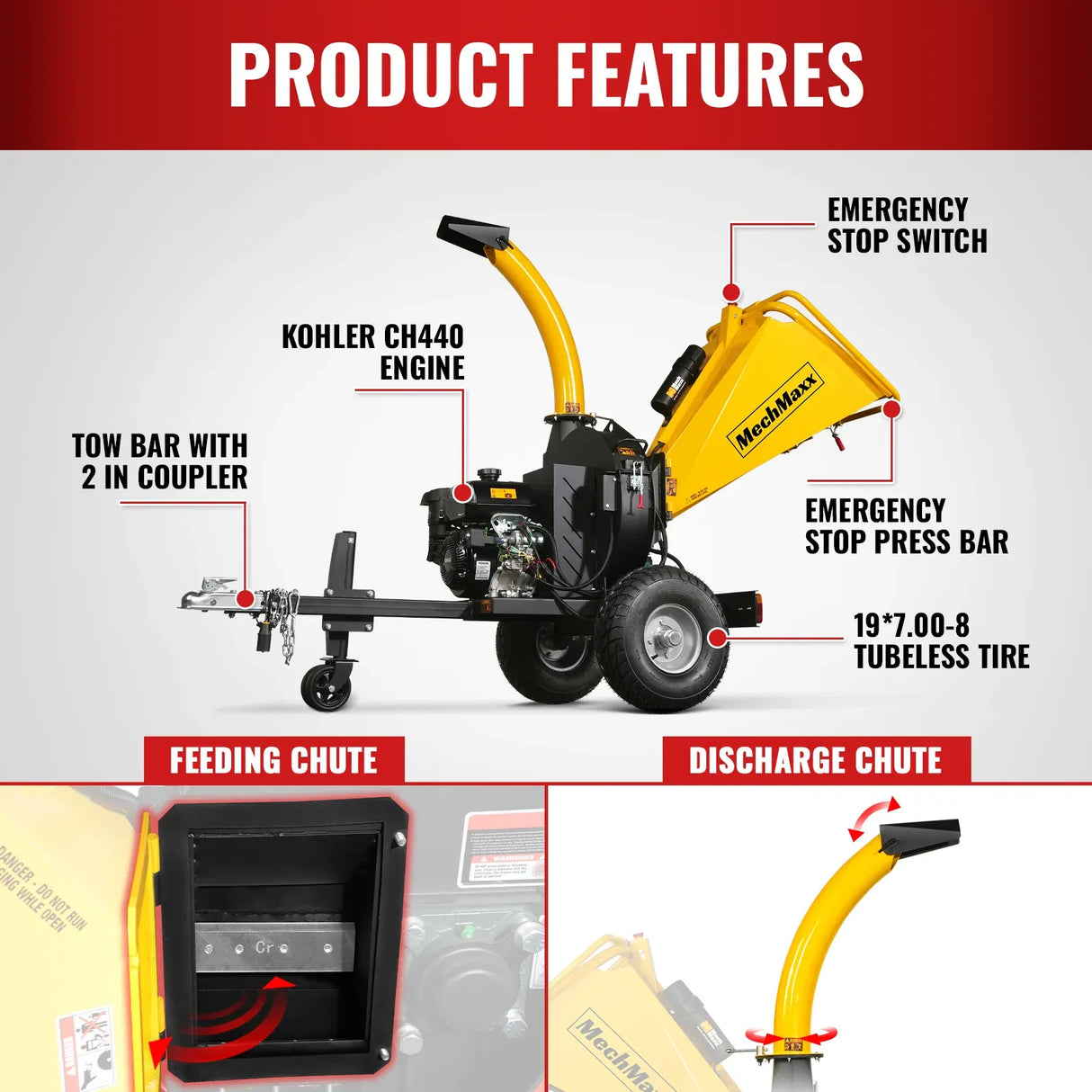 MechMaxx 5" 14HP 429cc KOHLER Disc Wood Chipper with Taillight, Model P4205