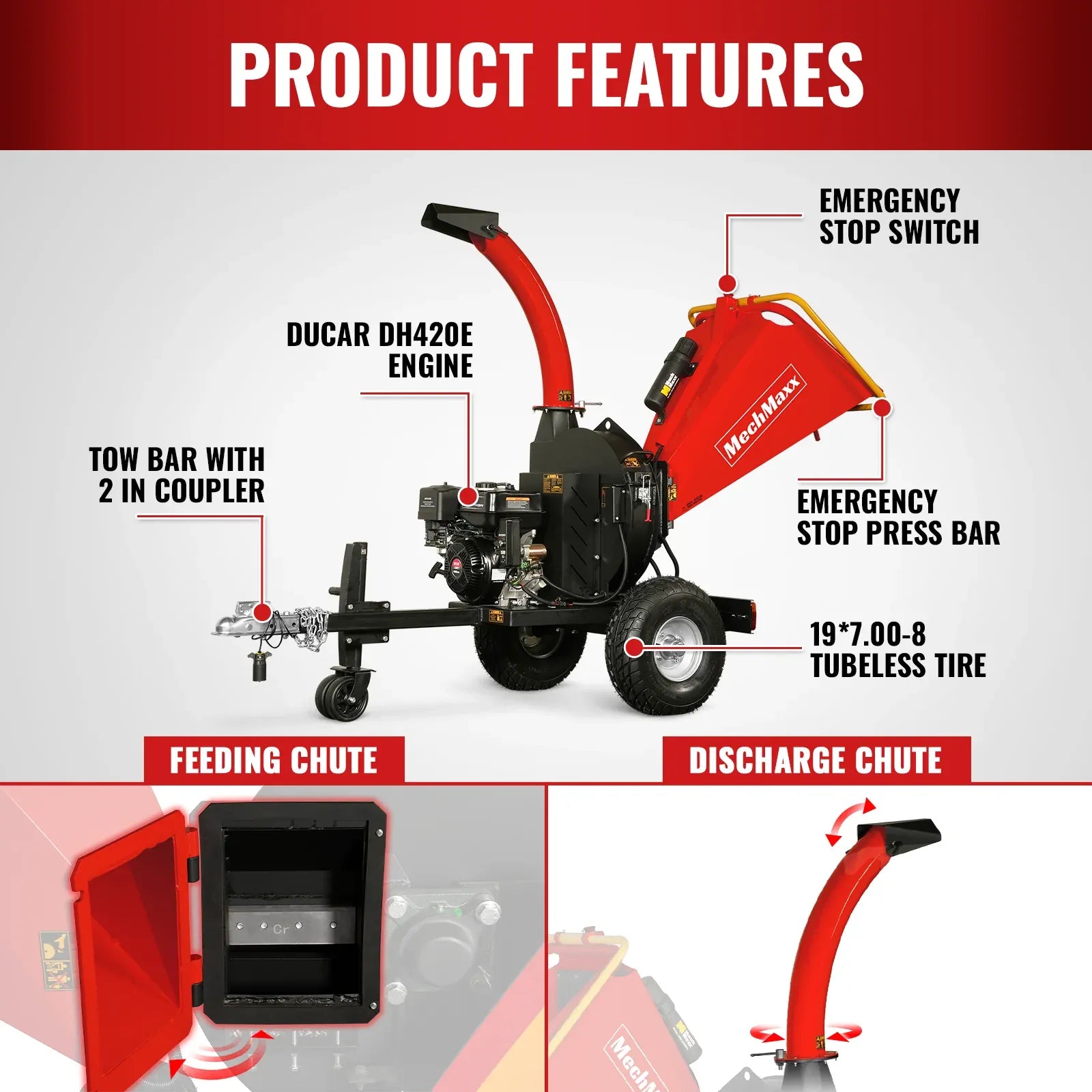 MechMaxx 5" 15HP 420cc DUCAR E-Start Disc Wood Chipper with Taillight, Model P4205