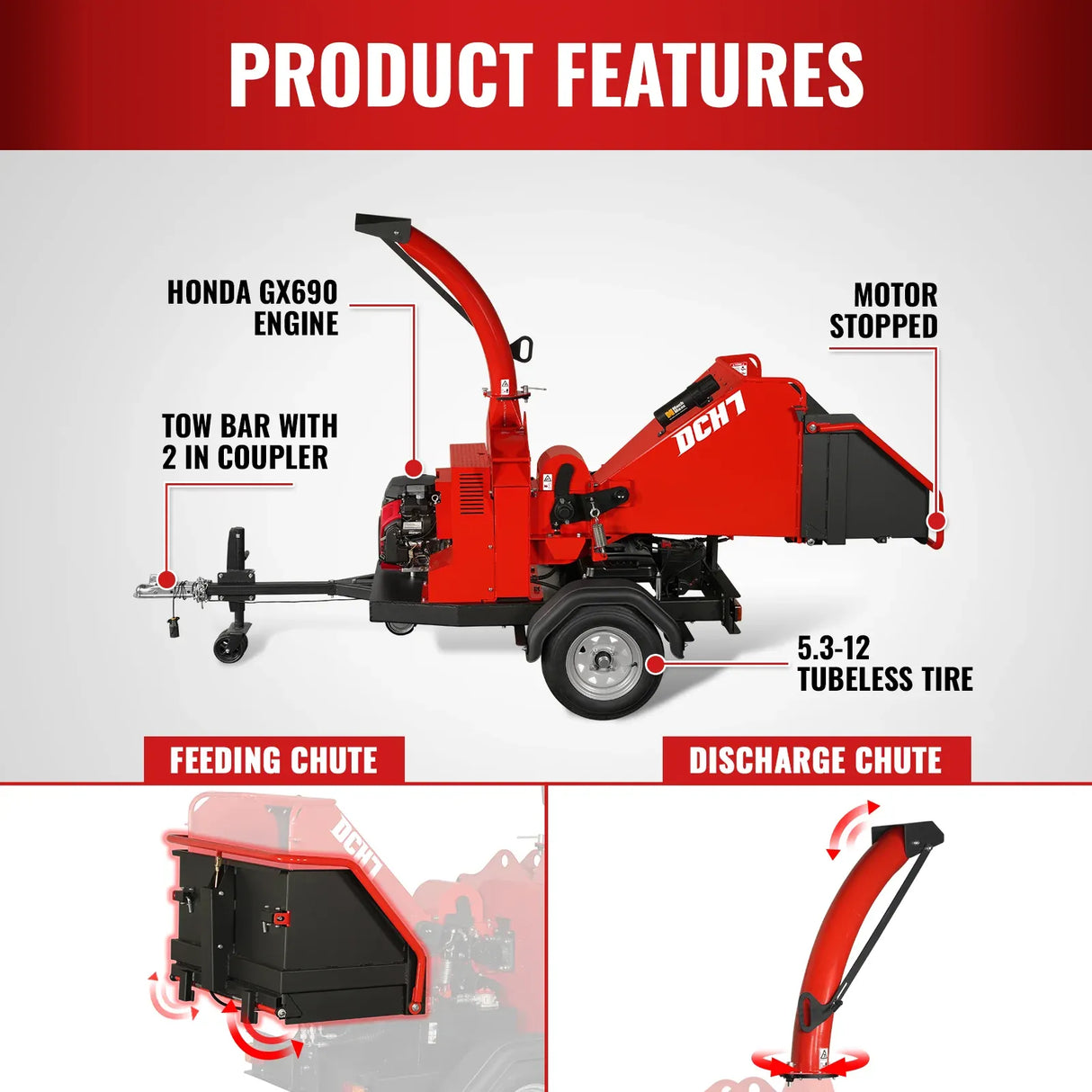 MechMaxx 7" HONDA GX690 22HP Hydraulic Feed Wood Chipper, Model DCH7