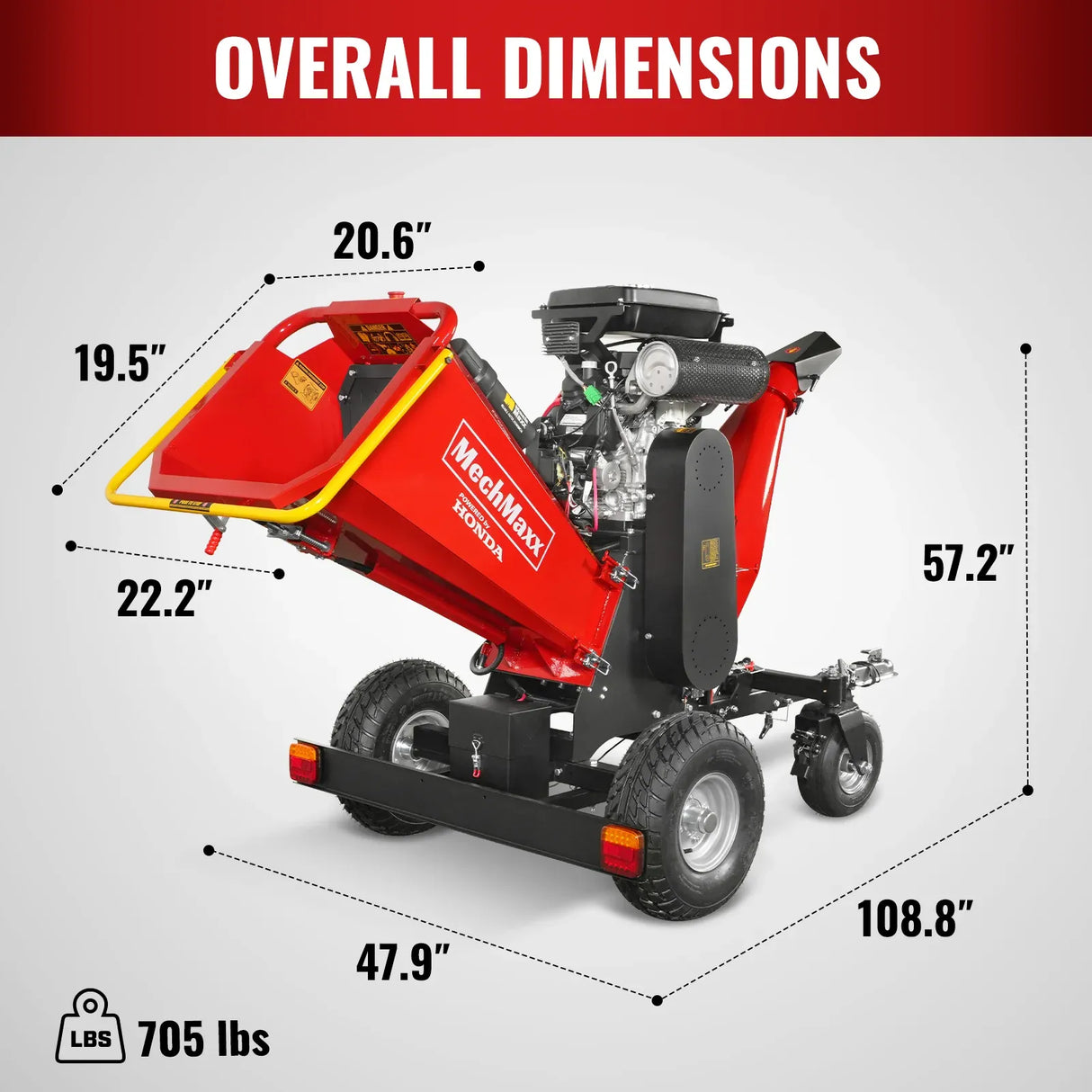 MechMaxx 8" HONDA 688cc 22HP 4-Wheel Drum Wood Chipper with Taillight, Model B200