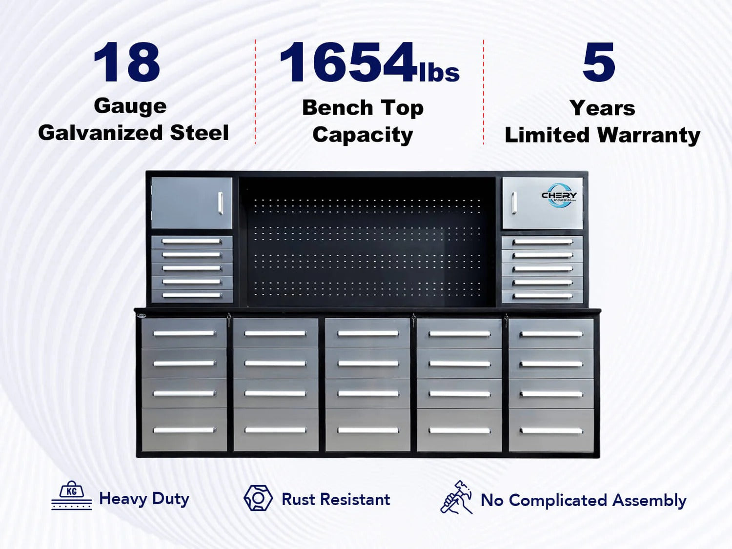 Chery Industrial Workbench Cabinet with 30 Drawers, 2 Cabinets, and Pegboard 10ft - WW000220