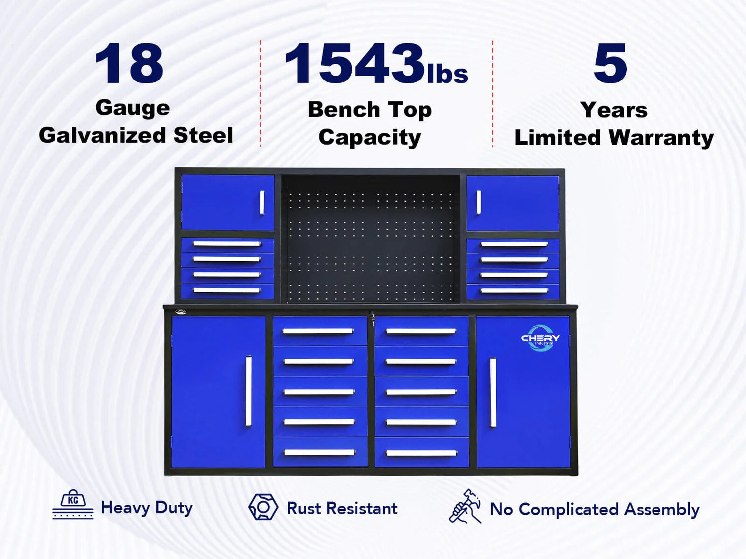 Chery Industrial 7 ft Garage Workbench Cabinet (18 Drawers & 4 Cabinets & Pegboard) - WW000204