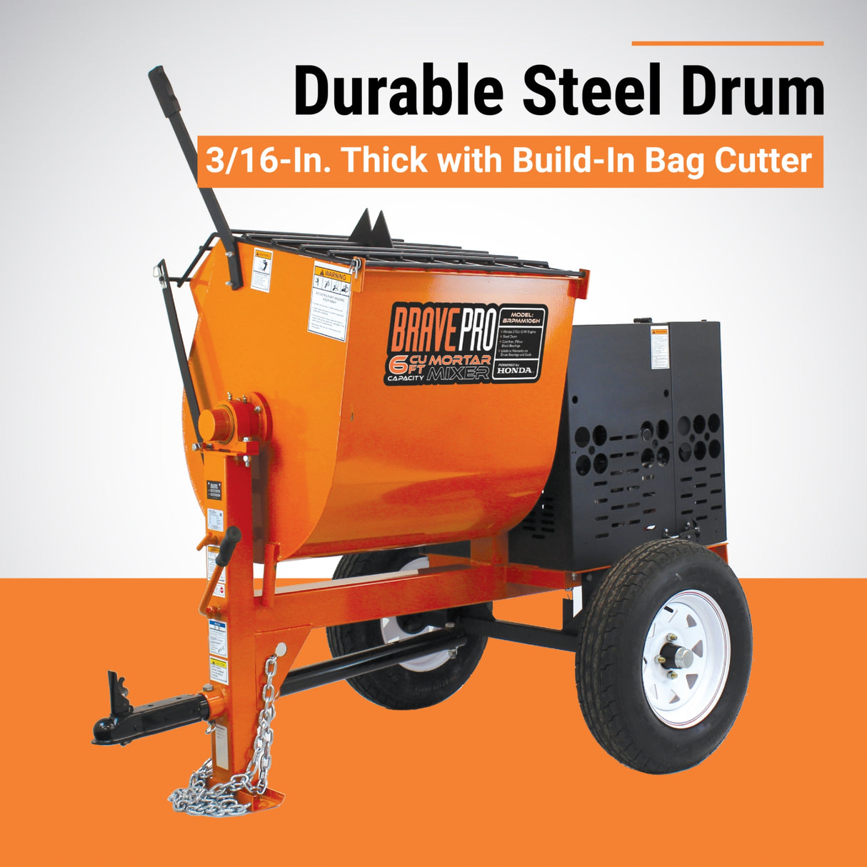 BravePro Mortar Mixer, 8 Cu. Ft. Steel Drum, Honda GX240, Model BRPMM108H