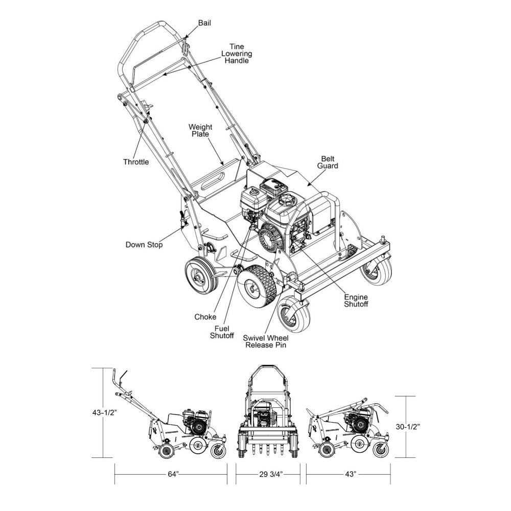 BravePro U-Turn Walk-Behind Aerator, 18 In., 3 In. Plug Depth, Honda GX120, Model BRPWBA18H