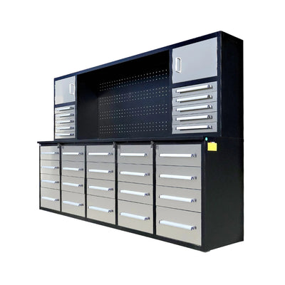 Chery Industrial Workbench Cabinet with 30 Drawers, 2 Cabinets, and Pegboard 10ft - WW000220