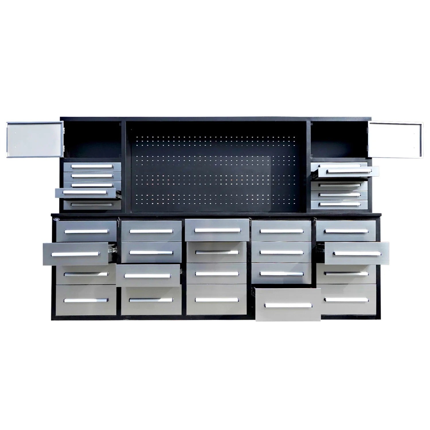 Chery Industrial Workbench Cabinet with 30 Drawers, 2 Cabinets, and Pegboard 10ft - WW000220