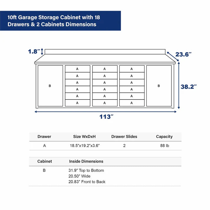 Chery Industrial Garage Storage Cabinet with 18 Drawers and 2 Cabinets 10ft - WW000182