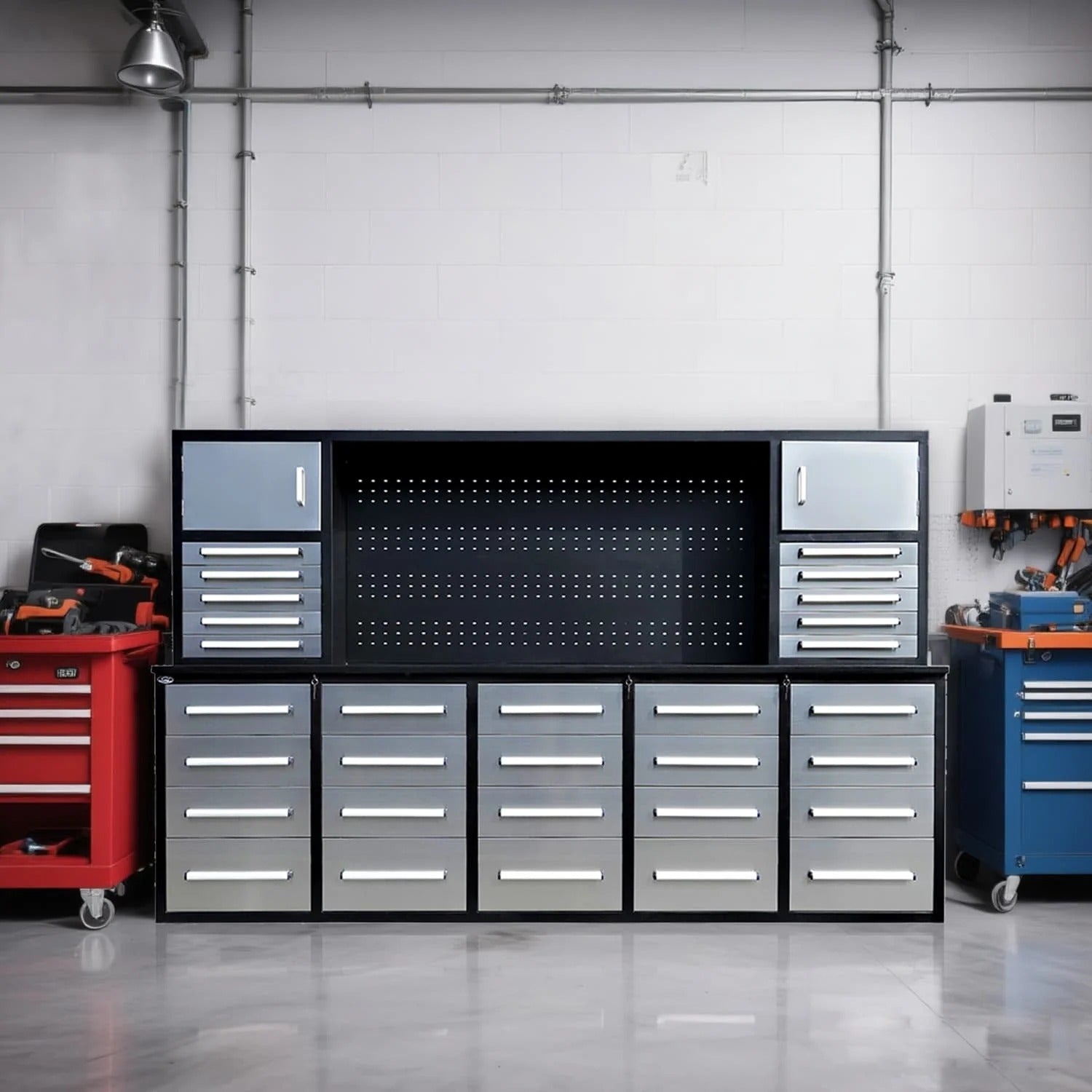 Chery Industrial Workbench Cabinet with 30 Drawers, 2 Cabinets, and Pegboard 10ft - WW000220